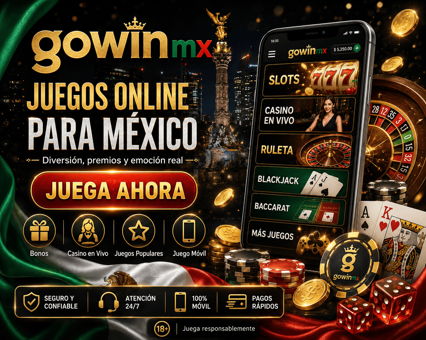 Resumen de juegos de gowinmx con mesas en vivo, cartas, fichas y navegacion por categorias